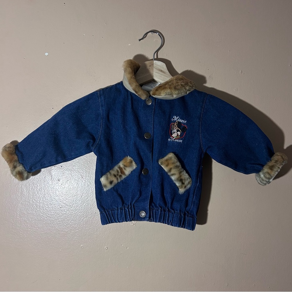 Vtg RARE 80s/90s Minnie Mouse Denim Jean Jacket Leopard Print Faux Fur Trim 18M